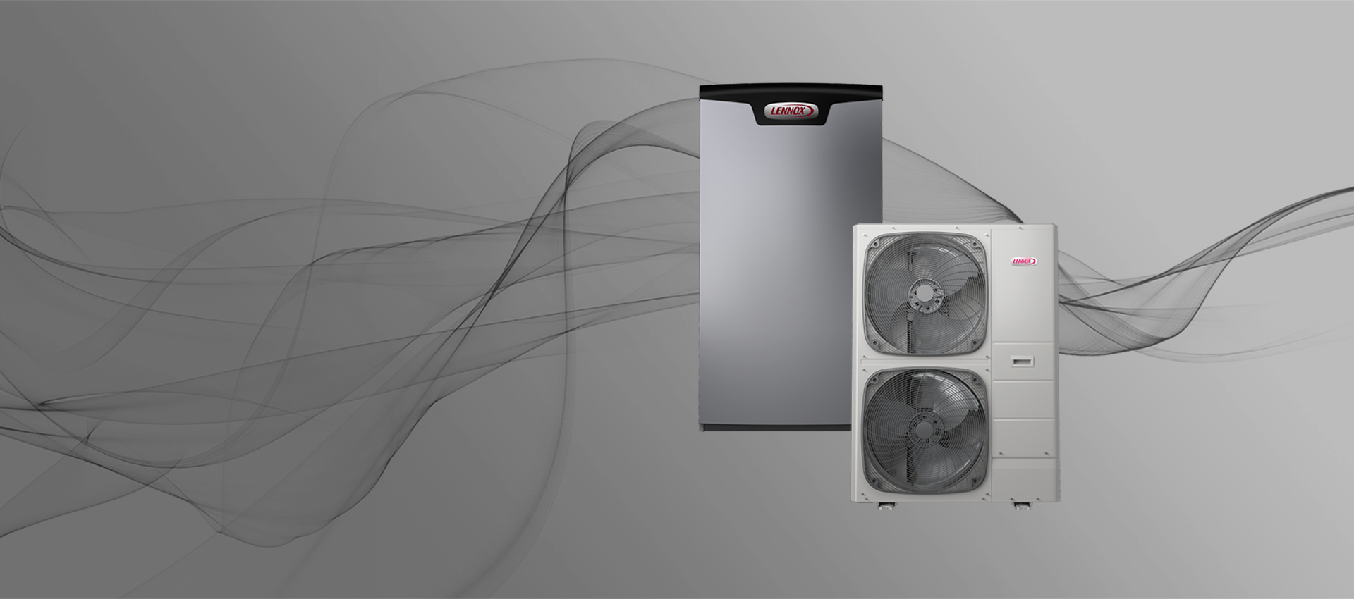 A modern HVAC unit and an outdoor air conditioning unit, both from Gandy Installations, are displayed side by side against a gray background with black, wispy patterns.
