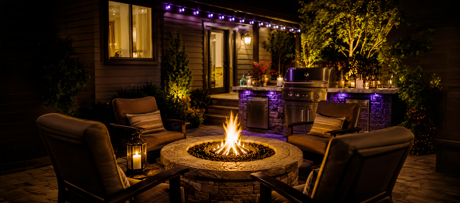 image.png A cozy backyard patio at night features four cushioned chairs around a lit stone fire pit, with outdoor string lights and a built-in grill area softly illuminating the space—expertly crafted by Gandy Installations.