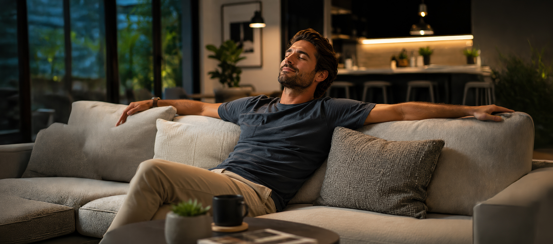 image.png A man relaxes with his eyes closed, arms stretched out on a sofa in a modern, softly lit living room featuring Gandy Installations, with plants and a coffee mug on the table in front of him.