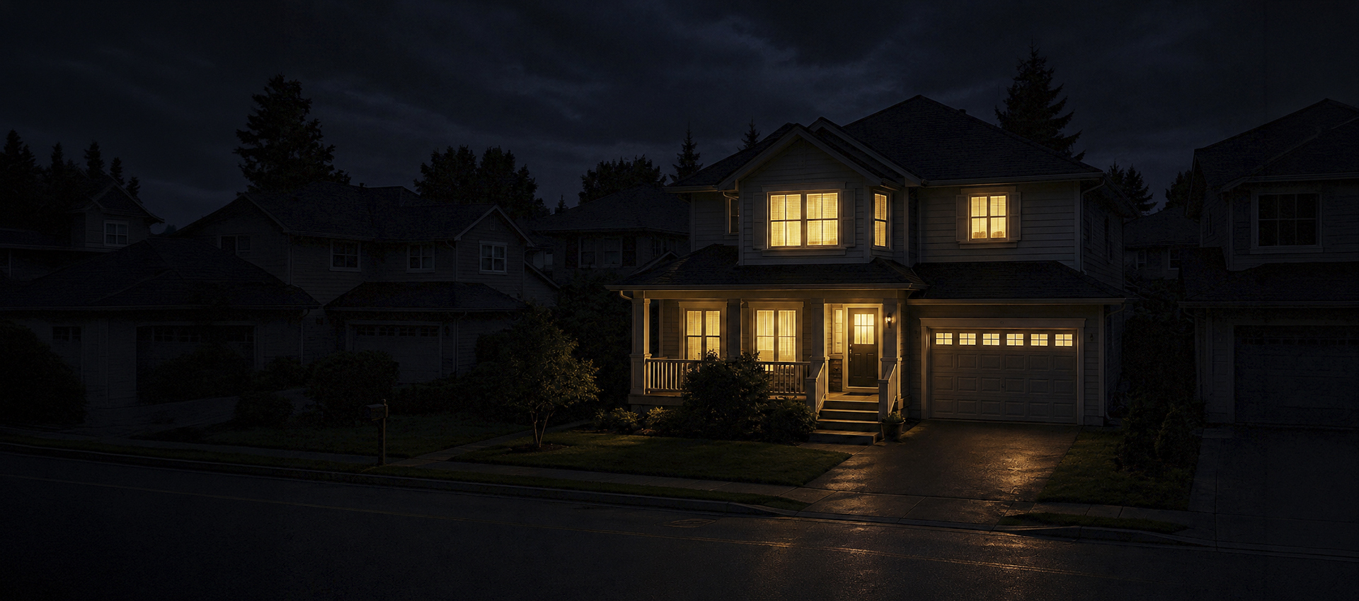 A two-story house at night with warm lights glowing from its windows and porch, standing out on a dark street. Enhanced by expert Gandy Installations, the home shines invitingly while the driveway and yard are dimly lit, and the sky is cloudy.