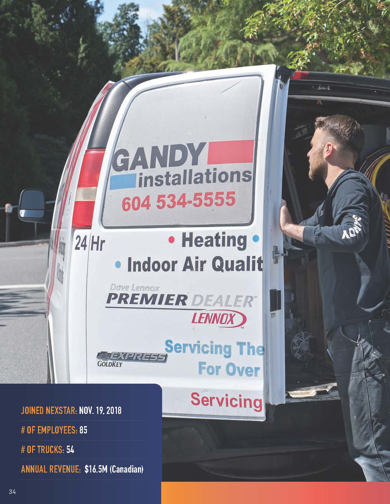 A man stands by a white Gandy Installations van with company details. The van advertises heating and air quality services. A text box lists stats: 85 employees, 54 trucks, $16.5M annual revenue. Trees visible in the background.