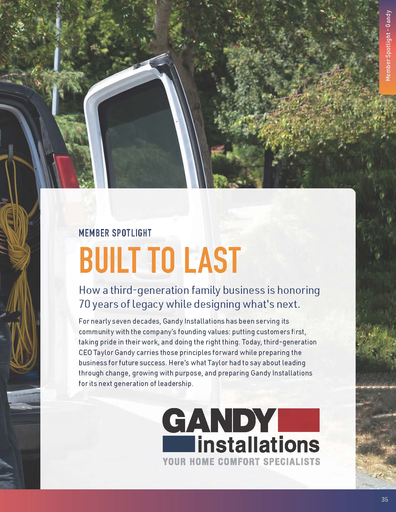 A van with an open door and yellow cord inside is parked. The image promotes Gandy Installations, a family business highlighted for its legacy and service, with text about CEO Taylor Gandy and the companys values.