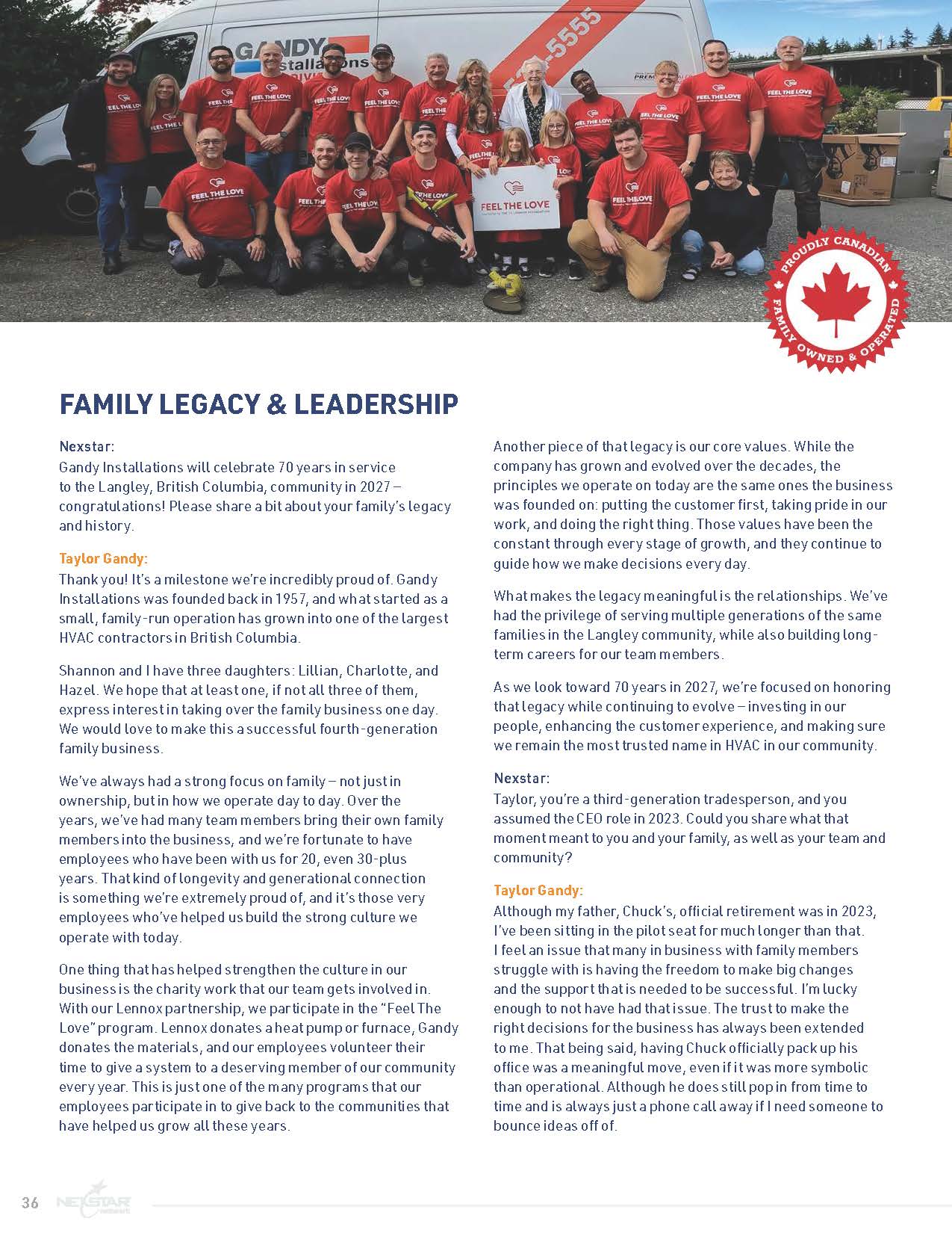 A family stands in front of a Gandy Installations truck, smiling. Included is text about the Gandy familys HVAC business legacy, their values, and a photo of Taylor Gandy with her family.