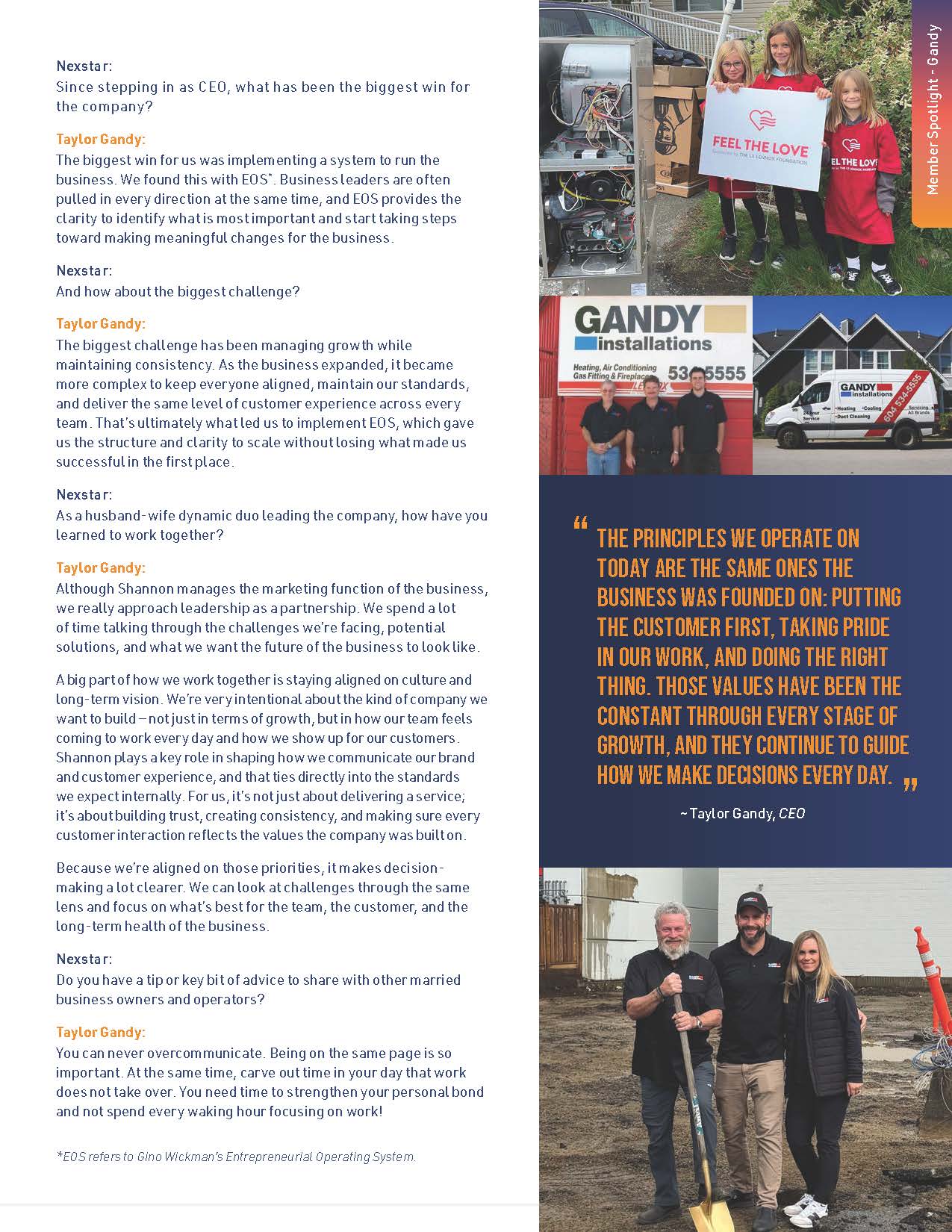 A magazine page with an interview featuring Taylor Gandy. Theres a quote, company information, and three photos: employees with a sign, a woman at a desk, and a man and girl by trucks. Text dominates the layout.