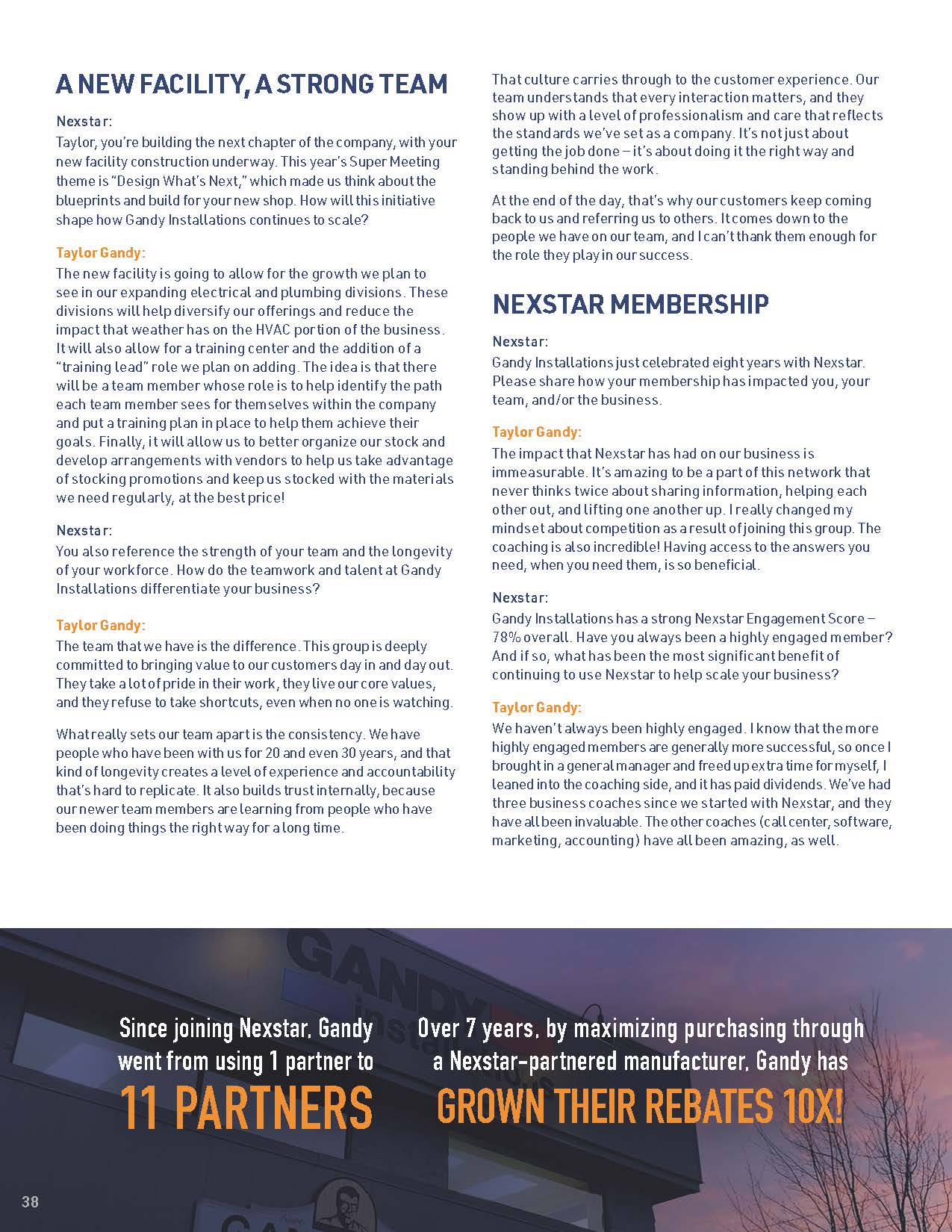 A magazine page with text about Nextrstars new facility, team growth, and HVAC industry insights, featuring highlighted stats: 11 partners, 20 years, and 10X growth. A man stands in an industrial facility in the bottom right corner.