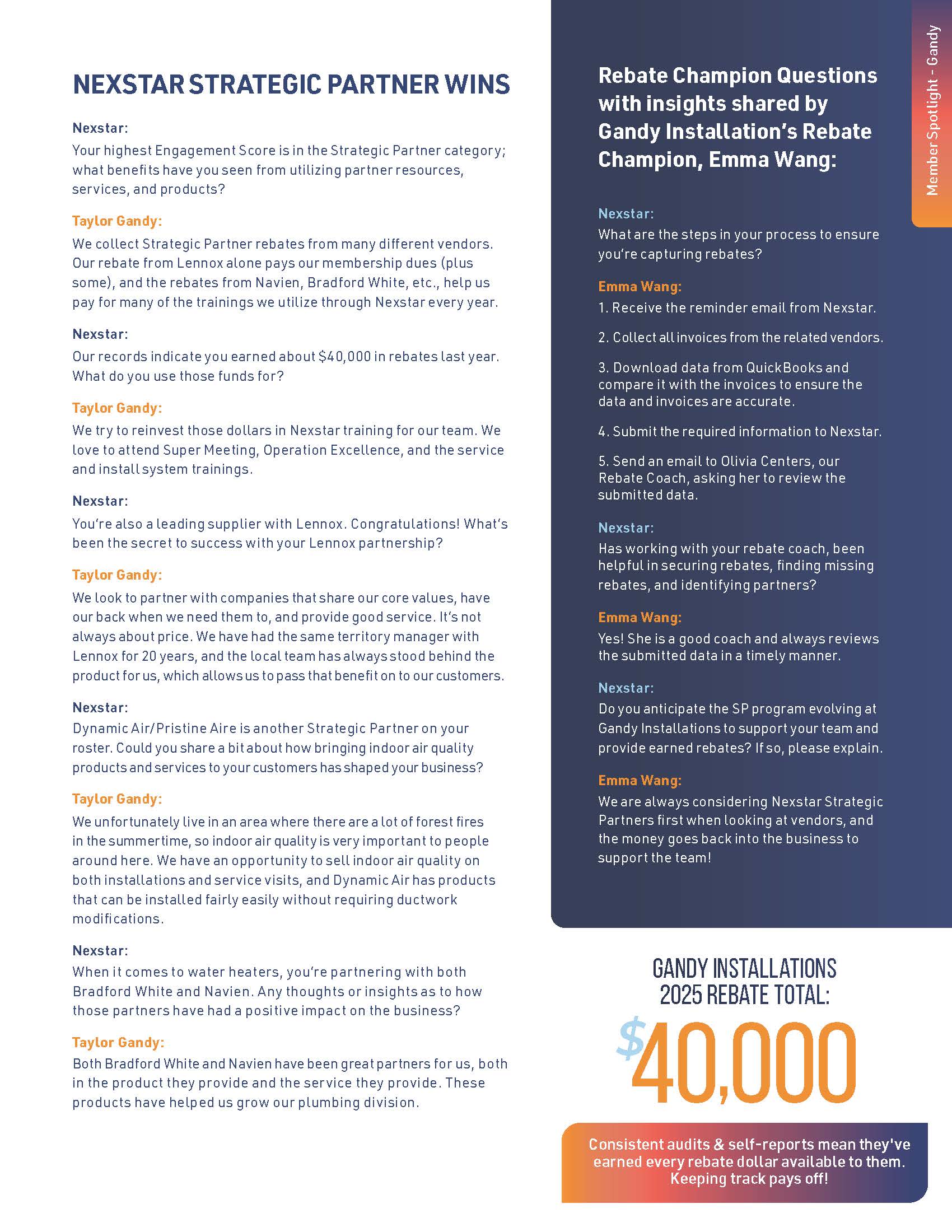 A newsletter page about Nexstars strategic partner wins, featuring a Q&A with Emma Wang, rebate highlights, a Nexstar member spotlight, and a $40,000 installations rebate total statistic.
