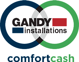 Logo with two overlapping circles, one blue and one green. Text reads Gandy Installations inside the circles and comfortcash below, with comfort in blue and cash in green.